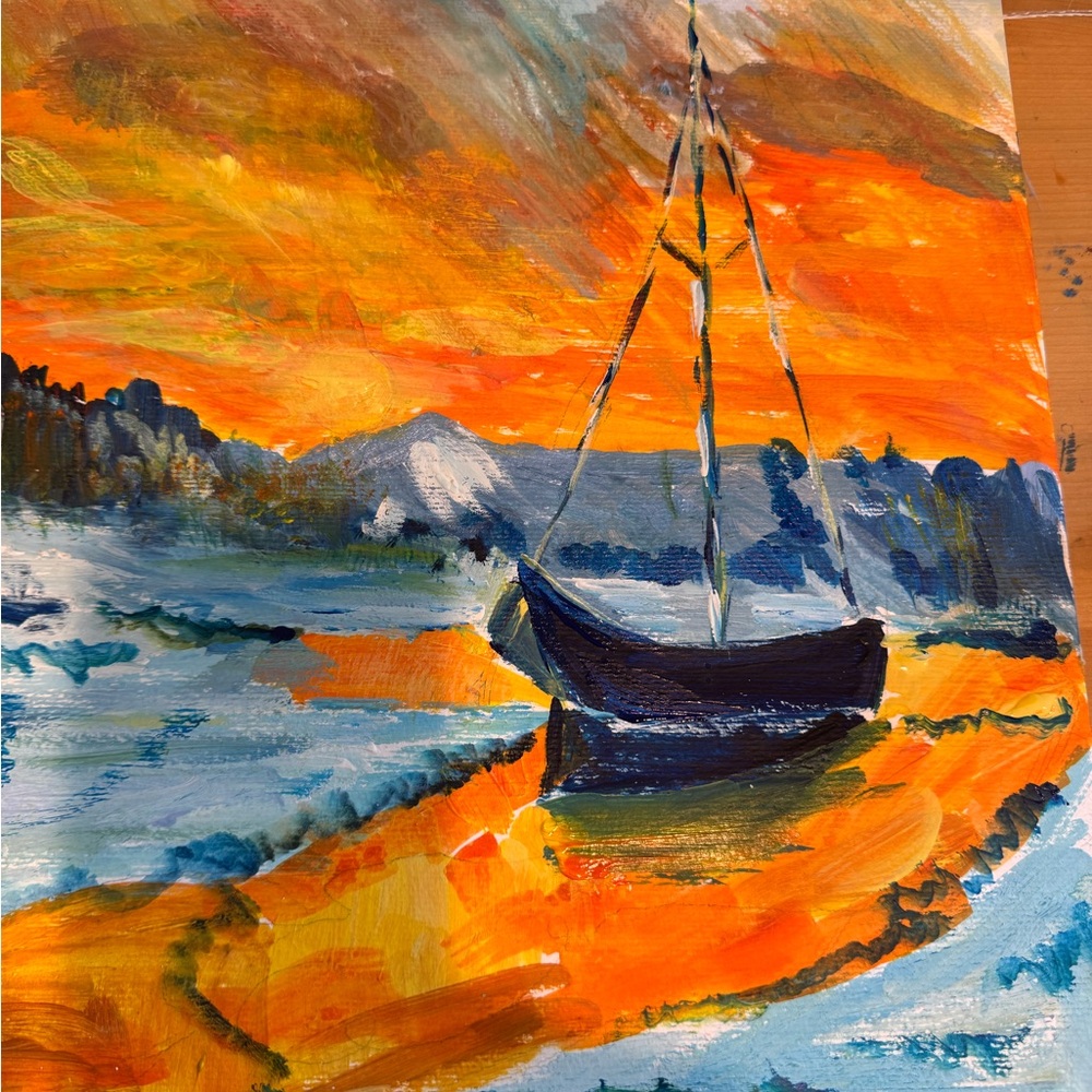 Orange and Blue Sailboat Painting Art